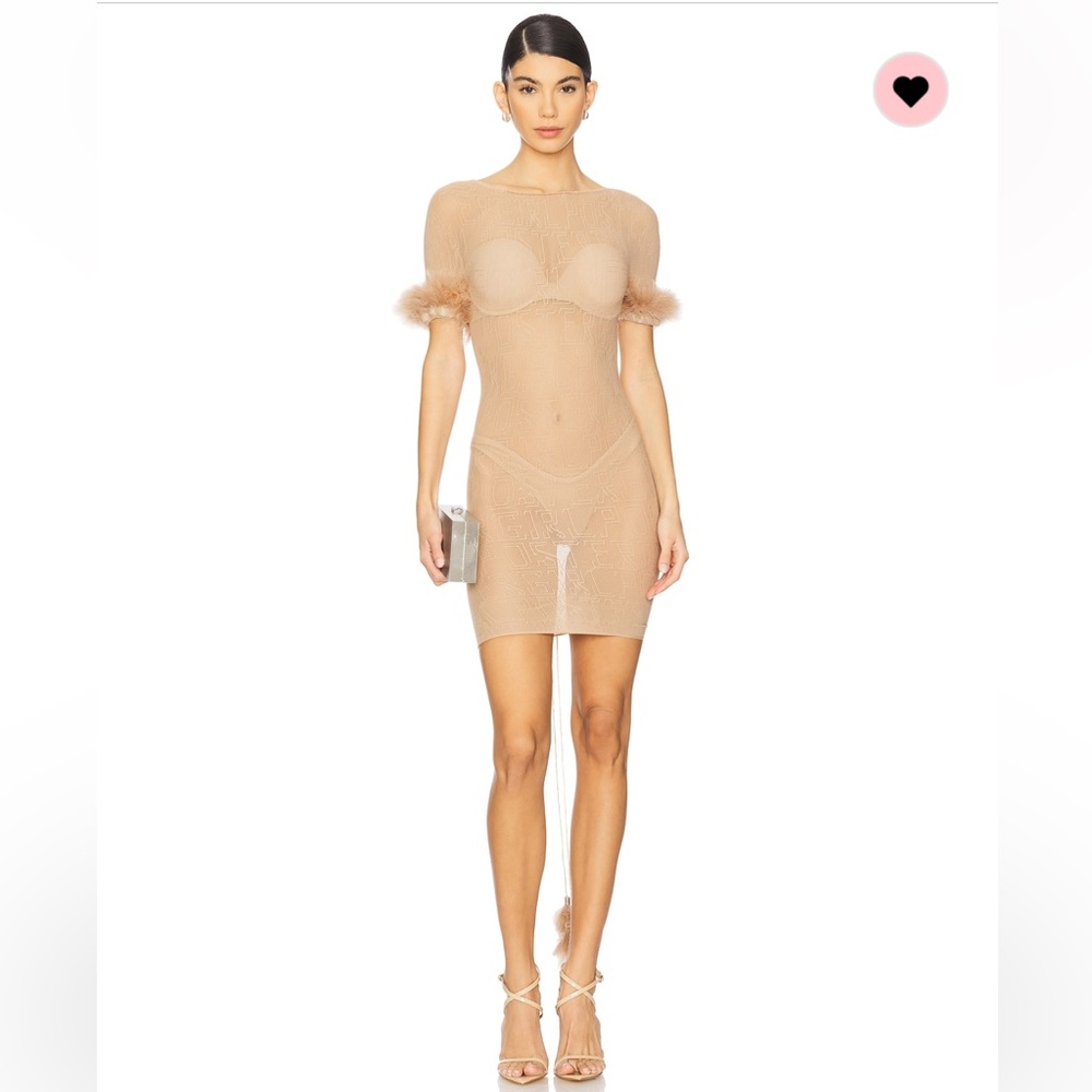 Poster Girl Vanderpool dress Gilded beige Elegant Sheer Dress with Feathers